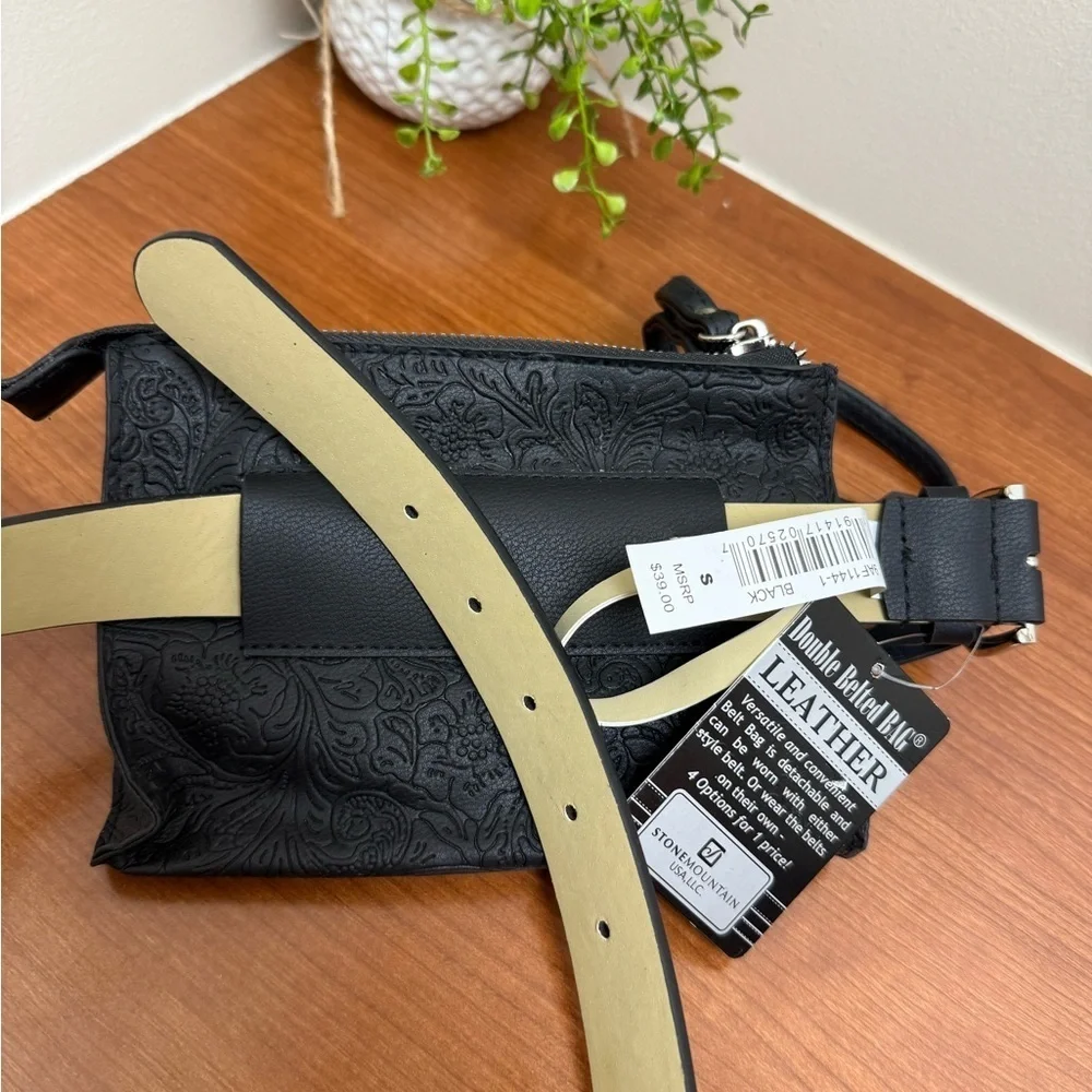 Stone Mountain black leather belt sz small pleather tooled zip up belt bag NWT